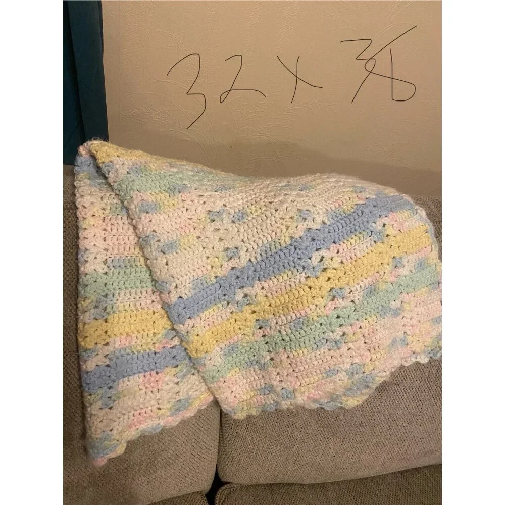 Baby Throw Blanket‎ White/Yellow/Green/Blue/Pink Knit Crotchet 32 x 38